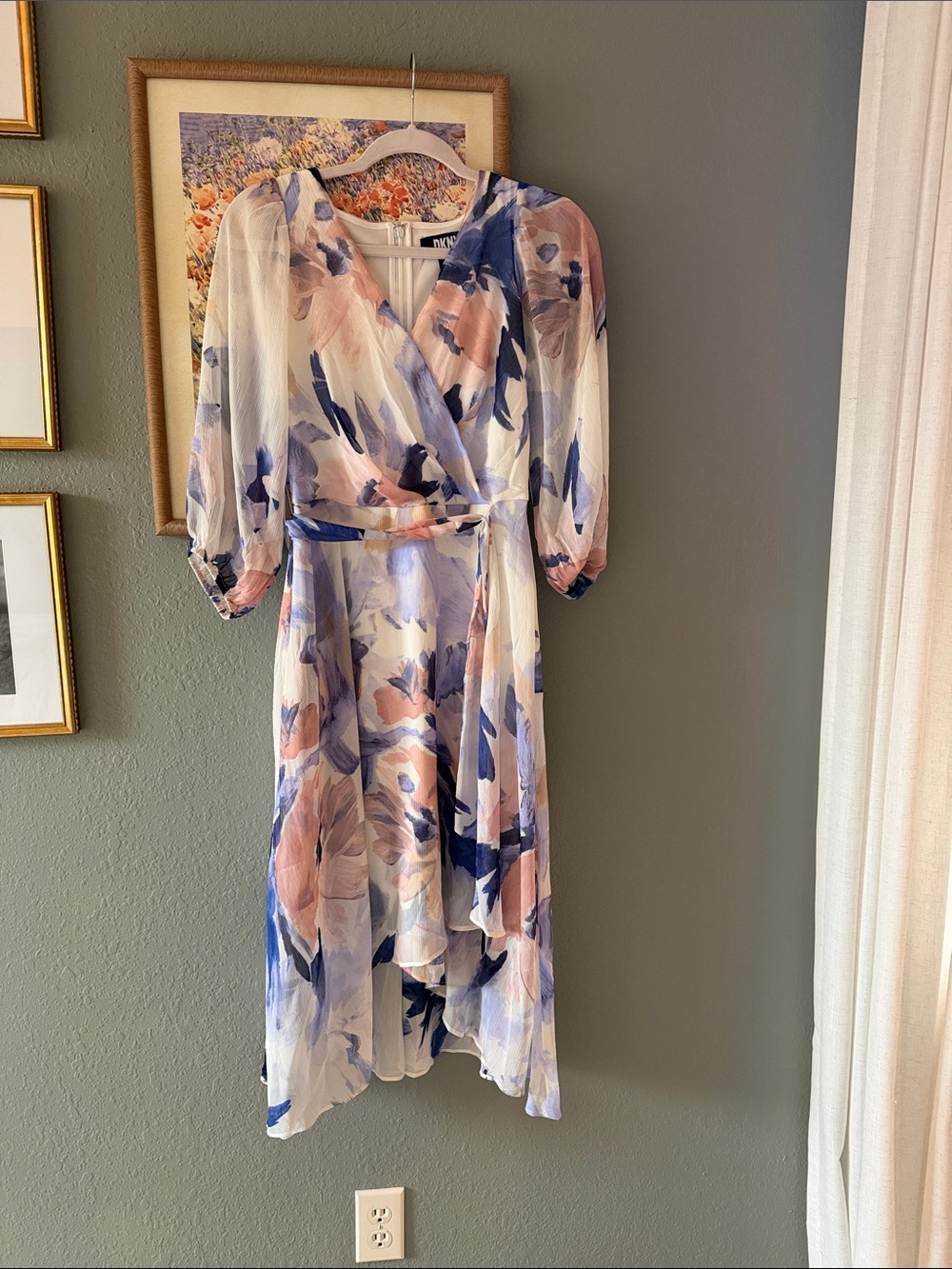DKNY Floral High-Low Wrap Dress in Blush & Navy
